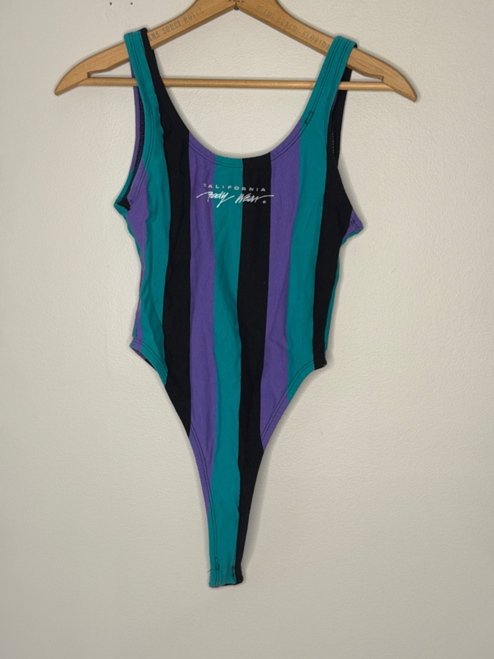Retro Vertical Stripe High-Cut Bodysuit in Teal, Purple & Black
